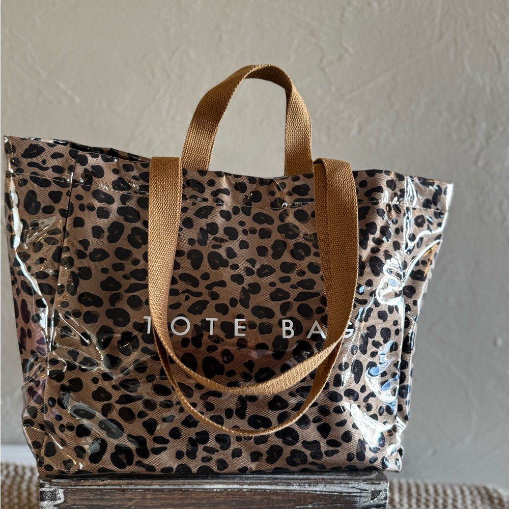 Leopard Print Tote Bag with Tan Straps